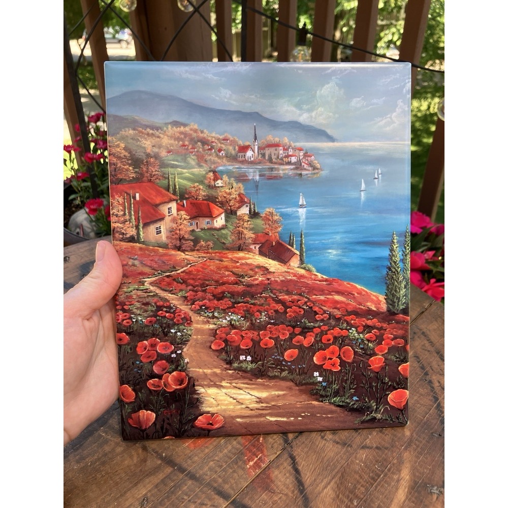 Vintage Coastal Village Poppy Field Ceramic Art Tile 8x10 Made in Mexico NOS